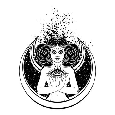 Afro-Amerikan sihirli kadın tüm gözleri ışınla görüyor. Vektör İllüstrasyonu. Kutsal geometri sembolleri ve kanatlarının üzerindeki gizemli siyah kız. Simya, din, maneviyat, okültizm, dövme sanatı