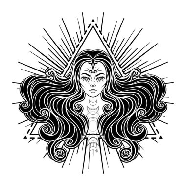 Young beautiful witch. Mystic character. Alchemy, spirituality, occultism, tattoo art. Isolated black and white vector illustration. Halloween concept. Wiccan woman.