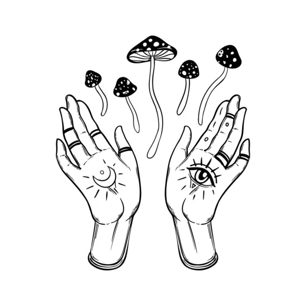 Human Hands Tattoo Holding Magic Mushrooms Astrology Witchcraft Book Spells — Image vectorielle