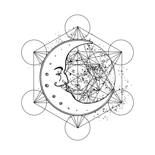 Crescent Moon Human Face Vector Illustration Tattoo Astrology Alchemy Boho — Image vectorielle
