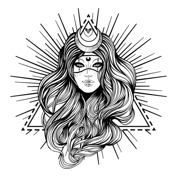 Young Beautiful Witch Mystic Character Alchemy Spirituality Occultism Tattoo Art — Stock Vector