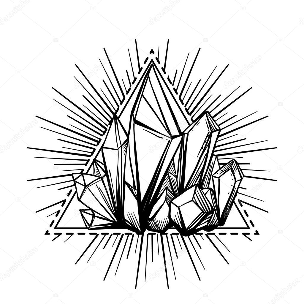 Hand drawn crystal gem over triangle with rays isolated on white. Geometric gemstone symbol in black and white. Vector illustration. Mystic magician symbol in outlines. Future telling, Halloween.