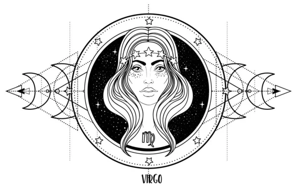 Иллюстрация Астрологического Знака Девы Марии Красивой Девушки Над Сакральной Геометрической Стоковая Иллюстрация