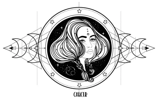Иллюстрация Рака Астрология Знак Красивая Девушка Над Сакральной Геометрической Рамкой Стоковая Иллюстрация