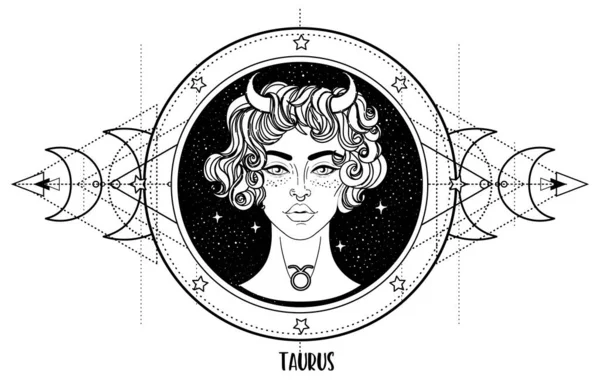 Иллюстрация Знака Астрологии Телец Красивая Девушка Над Сакральной Геометрической Рамкой Лицензионные Стоковые Векторы