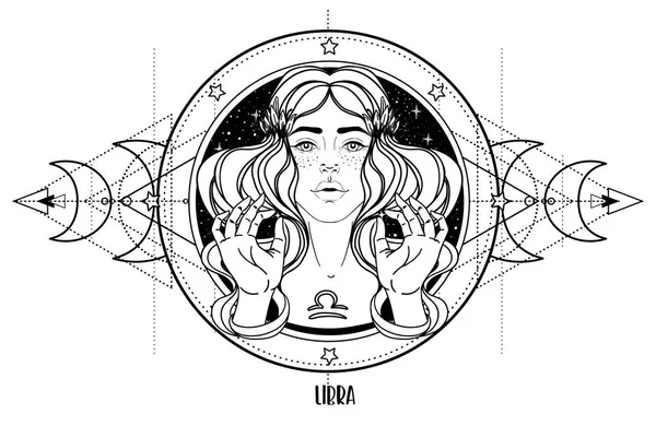 Иллюстрация Астрологического Знака Весы Красивой Девушки Над Сакральной Геометрической Рамкой Векторная Графика