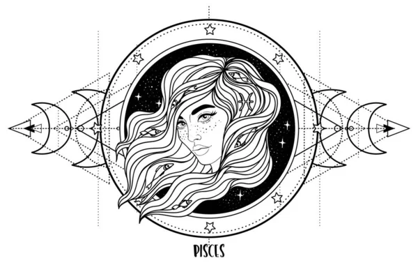 Illustration Pisces Astrology Sign Beautiful Girl Sacred Geometry Frame Zodiac 图库矢量图片