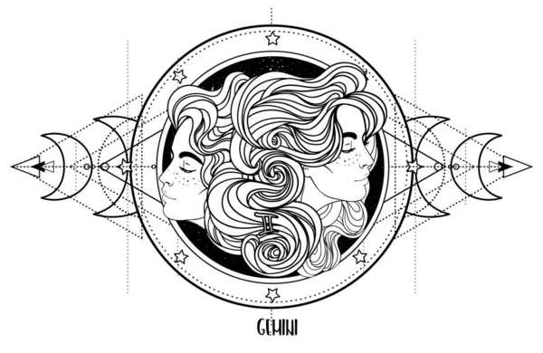 Иллюстрация Астрологического Знака Близнецов Красивой Девушки Над Сакральной Геометрической Рамкой Векторная Графика