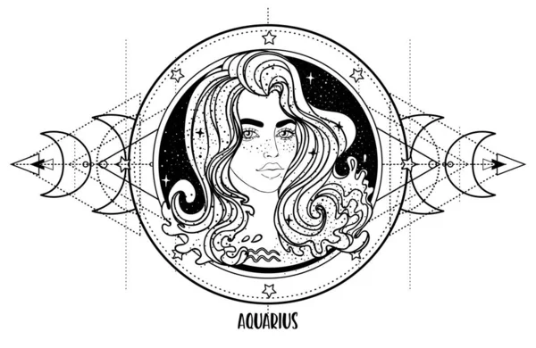 Illustration Aquarius Astrology Sign Beautiful Girl Sacred Geometry Frame Zodiac 免版税图库插图