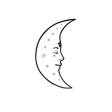 Moon symbol. Tattoo style. Vector illustration in black outlines isolated on white.