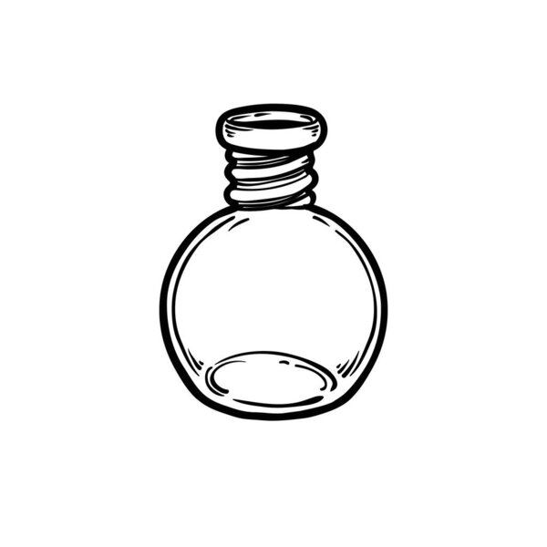 Волшебное зелье. Черная бутылка. Векторная иллюстрация изолирована на белом. Духовность, оккультизм, химия, магическая татуировка.