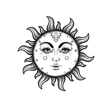 Sun. Vector illustration in vintage engraving style. Tattoo, astrology, alchemy, boho and magic symbol. Coloring book.