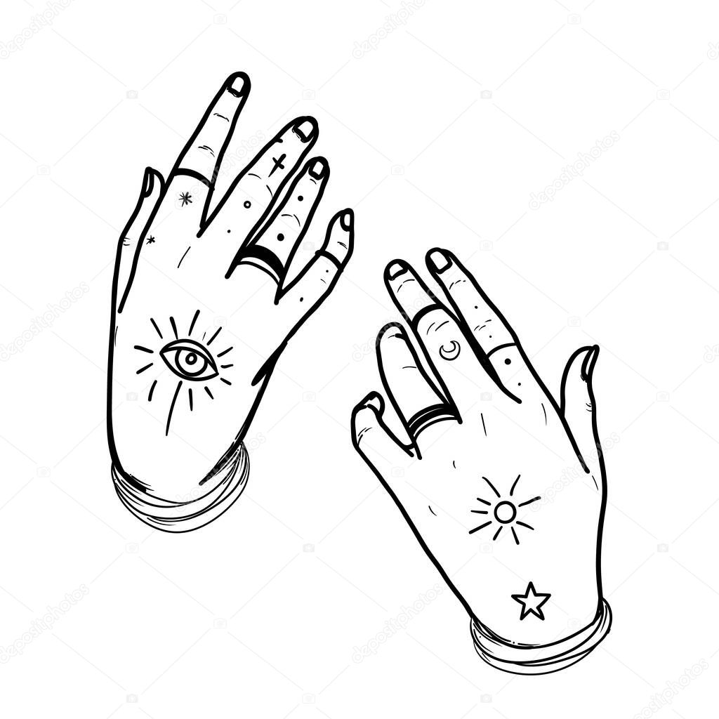 Witch tattooed hands with magic star. Alchemy, spirituality, occultism, tattoo art. Isolated black and white vector illustration. Halloween concept. Wiccan magic.