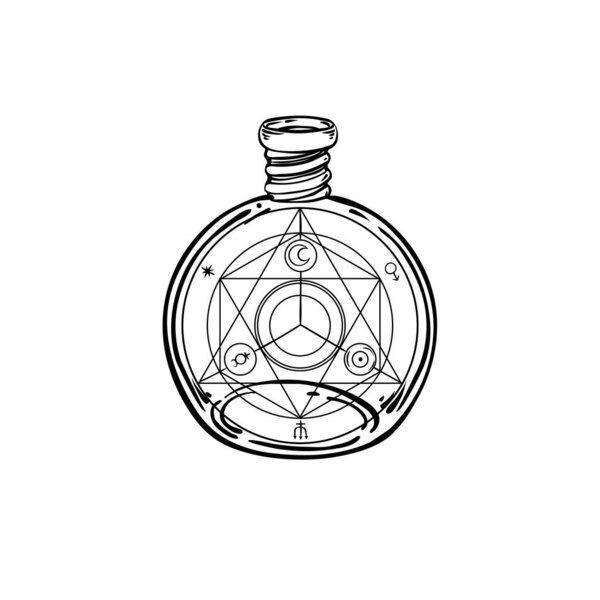 Magic potion black and white bottle with sacred geometry inside. Vector illustration isolated on white. Spirituality, occultism, chemistry, magic tattoo concept.