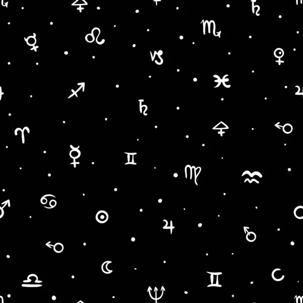 具有中等大小的炼金符号和形状的矢量几何图案 抽象的神秘和神秘的迹象 背面的塔罗牌设计在黑色和白色 魔法印刷和占星术背景 — 图库矢量图片