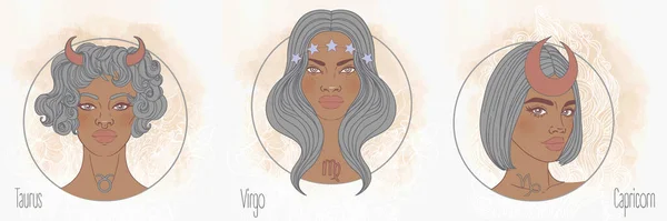 Conjunto Garotas Africanas Zodíaco Terra Ilustração Vetorial Touro Capricórnio Virgem — Vetor de Stock