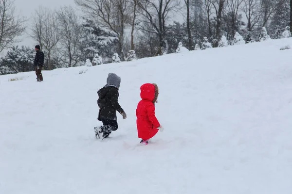 Kış parkında iki çocuk.
