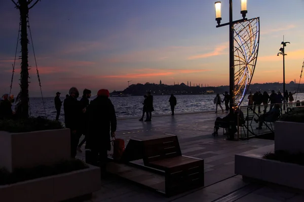 Tourists Watching Sunset Galataport Istanbul Turkiye — Stock Photo, Image