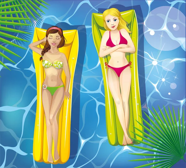 Tytöt uima-altaassa ilmapatjalla — vektorikuva