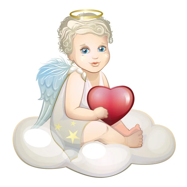 Ангел с сердцем на облаке — стоковый вектор