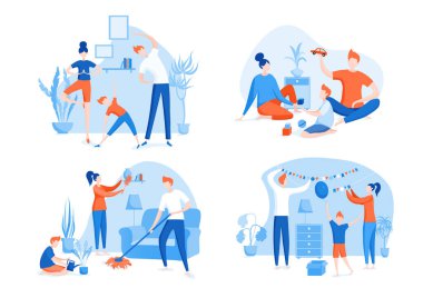 Vector set happy family at home. Family spending time together at home. Flat illustration.