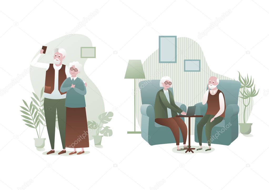 Grandparents, happy elderly with gadgets at home. Vector flat style