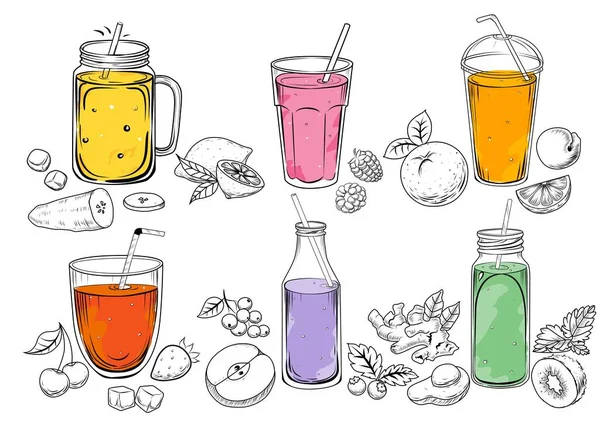 Set Detox Smoothies Sketches Vegan Food Healthy Lifestyle Vector Hand — ストックベクタ