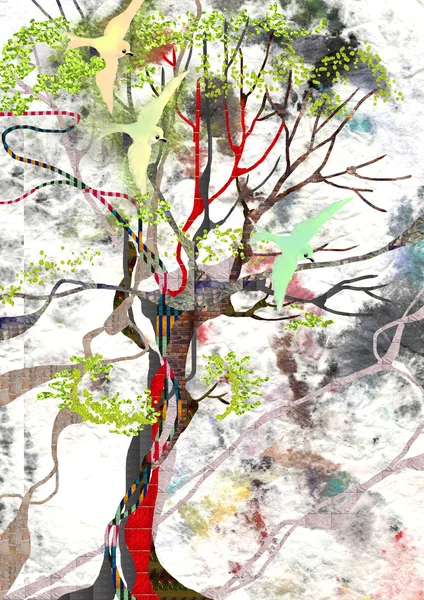Renkli kuşlar ile güzel soyut ağacı — Stok fotoğraf