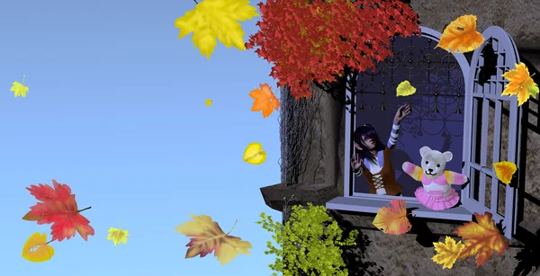 Mädchen und Teddybär spielen mit Herbstblättern — Stockfoto