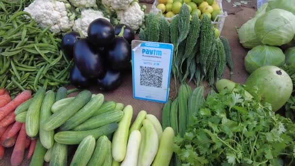 印度浦那路边蔬菜摊新鲜蔬菜的Qr支付代码 — 图库视频影像