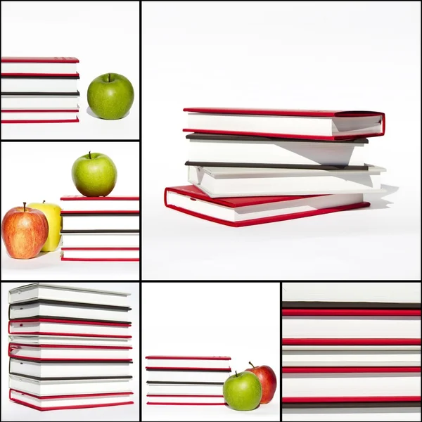 Livros e maçã isolados sobre fundo branco — Fotografia de Stock