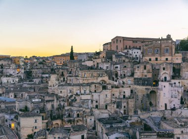 Matera 'nın güzel manzarası. Basilicata şehri. UNESCO Mirası