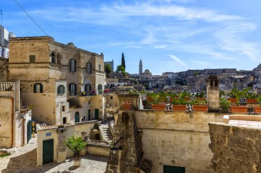 Matera 'nın güzel manzarası. Basilicata şehri. UNESCO Mirası