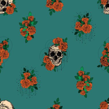 Güller ve yılanlar pürüzsüz desen. Eski dövme baskısı.