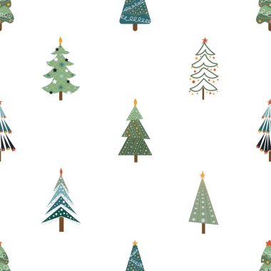 Noel ağaçları ve Noel ağacı süslemeleri. Kumaş, ambalaj ve hediye kağıtlarının yeni yıl tasarımı. Kusursuz desen.