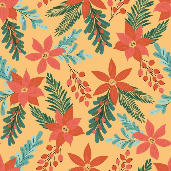Цветы Листья Ягоды Ели Новогодний Дизайн Упаковка Подарочная Бумага Бесшовный — стоковый вектор