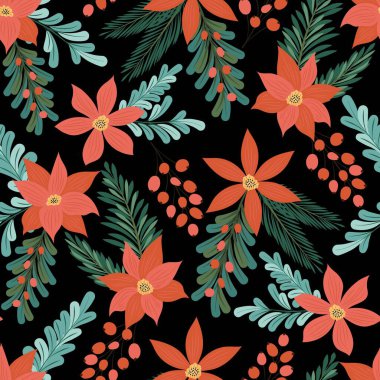 Çiçekler, yapraklar, böğürtlen ve ladin dalları. Kumaş, ambalaj ve hediye kağıtlarının yeni yıl tasarımı. Kusursuz desen.