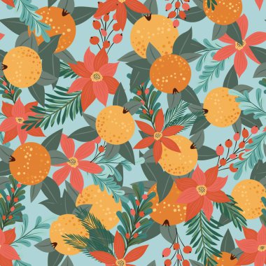 Çiçekler, yapraklar, böğürtlen, köknar dalları ve portakallar. Kumaş, ambalaj ve hediye kağıtlarının yeni yıl tasarımı. Kusursuz desen.