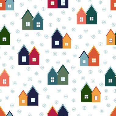 Renkli evler ve kar taneleri. Kumaş, ambalaj ve hediye kağıtlarının yeni yıl tasarımı. Kusursuz desen.