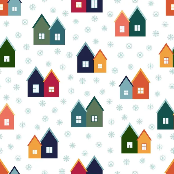 Bunte Häuser Und Schneeflocken Neujahrsdesign Aus Stoff Verpackung Geschenkpapier Nahtloses — Stockvektor