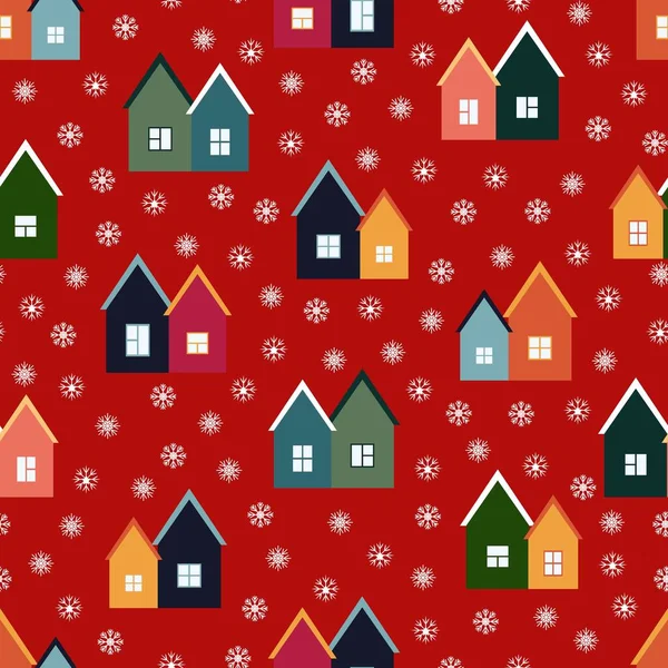 Maisons Colorées Flocons Neige New Years Conception Tissu Emballage Papier — Image vectorielle