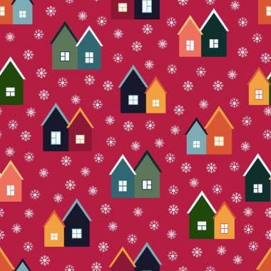 Renkli evler ve kar taneleri. Kumaş, ambalaj ve hediye kağıtlarının yeni yıl tasarımı. Kusursuz desen.
