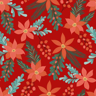Çiçekler, yapraklar, böğürtlen ve ladin dalları. Kumaş, ambalaj ve hediye kağıtlarının yeni yıl tasarımı. Kusursuz desen.