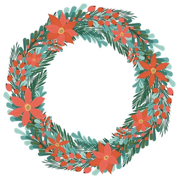 Corona Navidad Con Flores Bayas Ilustración Vectores Planos Aislados — Vector de stock