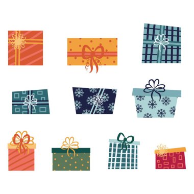 Hediye kutuları. Clipart elementleri kümesi. Düz vektör illüstrasyonu.