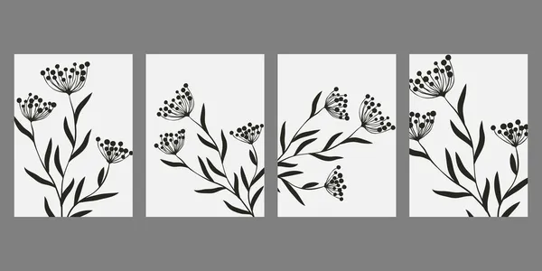 Bitki Yaprak Siluetleri Bir Dizi Soyut Siyah Beyaz Minimalist Poster — Stok Vektör