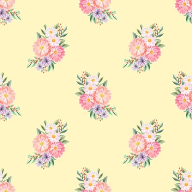 Bahar çiçekleri pürüzsüz desen. Botanik geçmişi. Pembe ve beyaz kır çiçeklerinin düzenlenmesi.