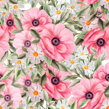 Bahar çiçekleri pürüzsüz desen. Botanik geçmişi. Pembe ve beyaz kır çiçeklerinin düzenlenmesi.