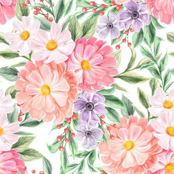 Spring flowers seamless pattern. Botanical background. Arrangement of pink and white wildflowers.