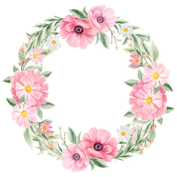 Spring flowers wreath. Isolated clip art element for design of invitations, cards. Arrangement of pink and white wildflowers in the form of a wreath.